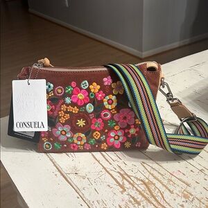 Consuela Brown Suede Crossbody with Colorful Floral Embroidery and Striped Strap